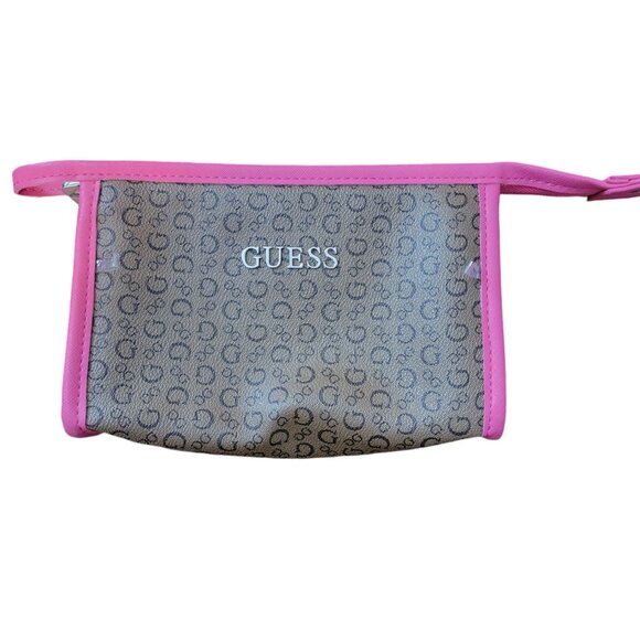 NWOT Guess Brown/Pink Logo PVC Cosmetic Bag or Clutch with Zip Closure - Picture 1 of 15